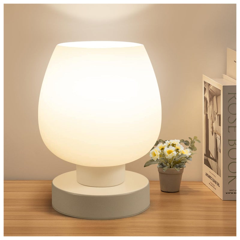 ONEWISH Small Bedside Lamp for Bedroom, 3-Way Dimmable Touch Control, 600 Lumen Bright Opal Glass Shade, 7.5 Inch Ultra Compact Nightstand Lamp, Warm White 2700K LED Bulb Included, Modern Design - Image 1