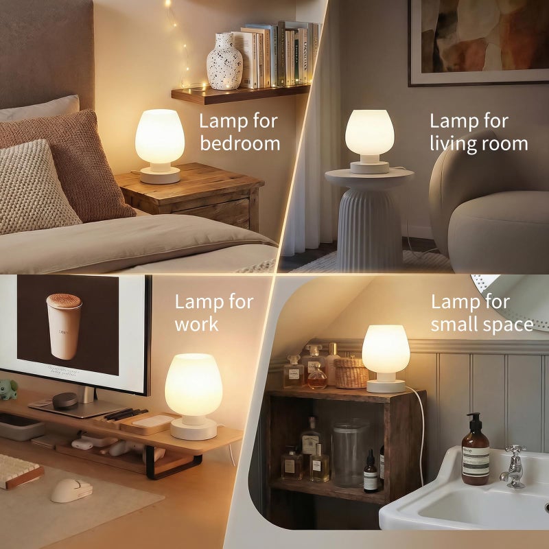 ONEWISH Small Bedside Lamp for Bedroom, 3-Way Dimmable Touch Control, 600 Lumen Bright Opal Glass Shade, 7.5 Inch Ultra Compact Nightstand Lamp, Warm White 2700K LED Bulb Included, Modern Design - Image 4