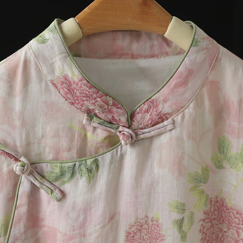 Artistic Cotton Linen Tea Clothing Dress Powder Loose Robe With Vertical Collar Retro Buckle Modified Cheongsam Dress For Women - Image 5