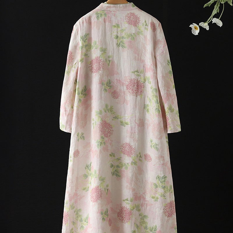 Artistic Cotton Linen Tea Clothing Dress Powder Loose Robe With Vertical Collar Retro Buckle Modified Cheongsam Dress For Women - Image 4