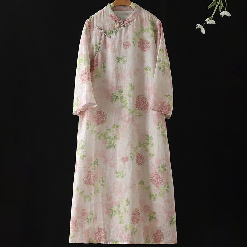 Artistic Cotton Linen Tea Clothing Dress Powder Loose Robe With Vertical Collar Retro Buckle Modified Cheongsam Dress For Women - Image 3