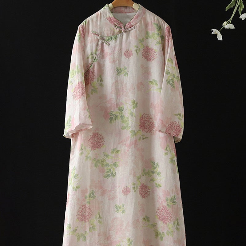 Artistic Cotton Linen Tea Clothing Dress Powder Loose Robe With Vertical Collar Retro Buckle Modified Cheongsam Dress For Women - Image 2