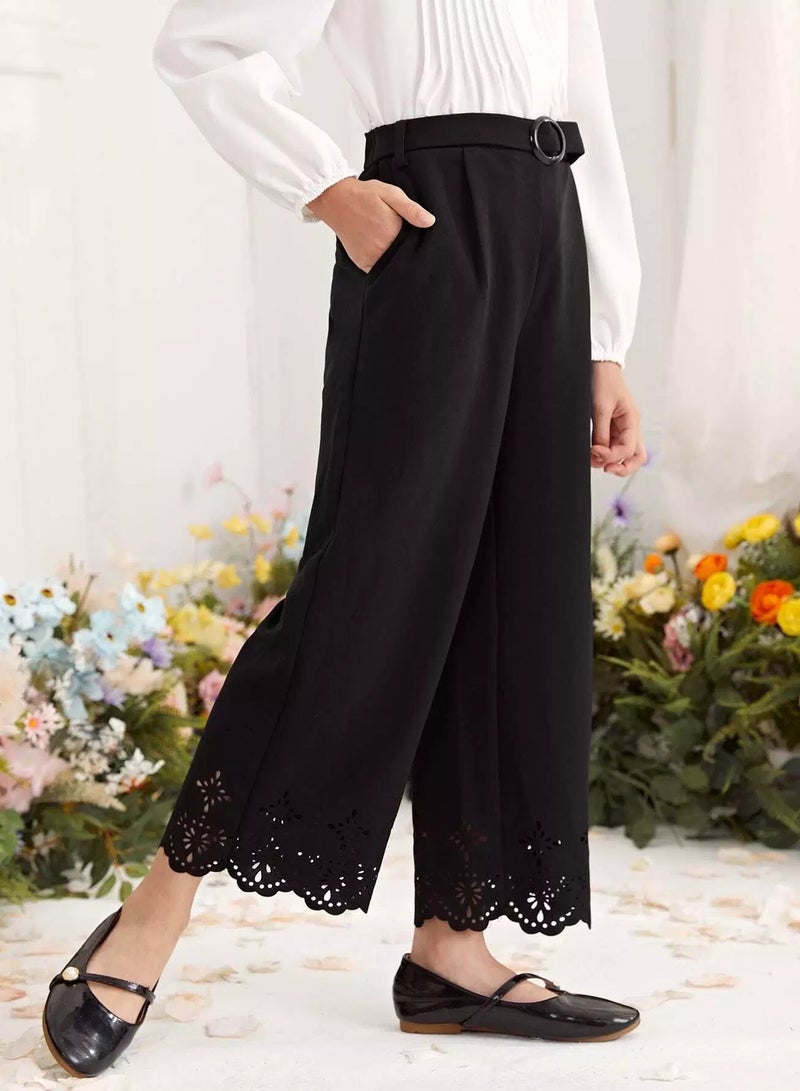 Girls Belted Laser Cut Wide Leg Pants  - Image 4