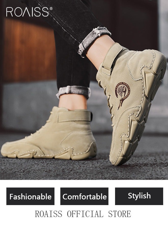 رويس حذاء رجالي كاجوال للكاحل، مقاوم للانزلاق، مقاوم للعرق، حذاء مارتن، ذو مقدمة مستديرة، نعل مسطح، رباط مع إغلاق فيلكرو، حذاء رياضي بني فاتح ناعم ومريح - Image 5