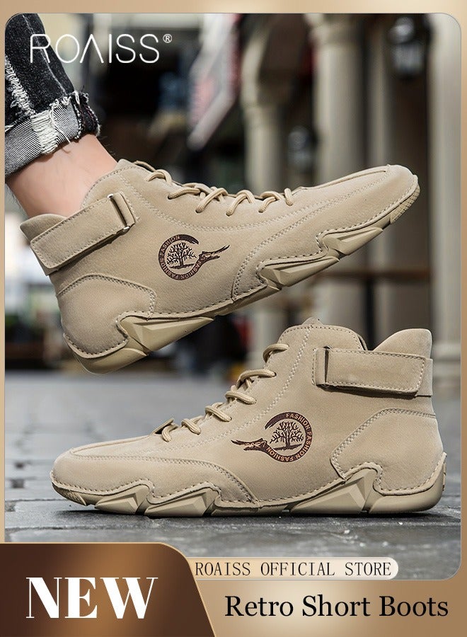 رويس حذاء رجالي كاجوال للكاحل، مقاوم للانزلاق، مقاوم للعرق، حذاء مارتن، ذو مقدمة مستديرة، نعل مسطح، رباط مع إغلاق فيلكرو، حذاء رياضي بني فاتح ناعم ومريح - Image 2