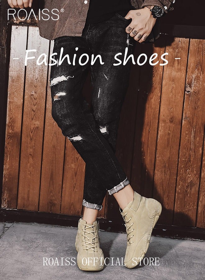 رويس حذاء رجالي كاجوال للكاحل، مقاوم للانزلاق، مقاوم للعرق، حذاء مارتن، ذو مقدمة مستديرة، نعل مسطح، رباط مع إغلاق فيلكرو، حذاء رياضي بني فاتح ناعم ومريح - Image 4