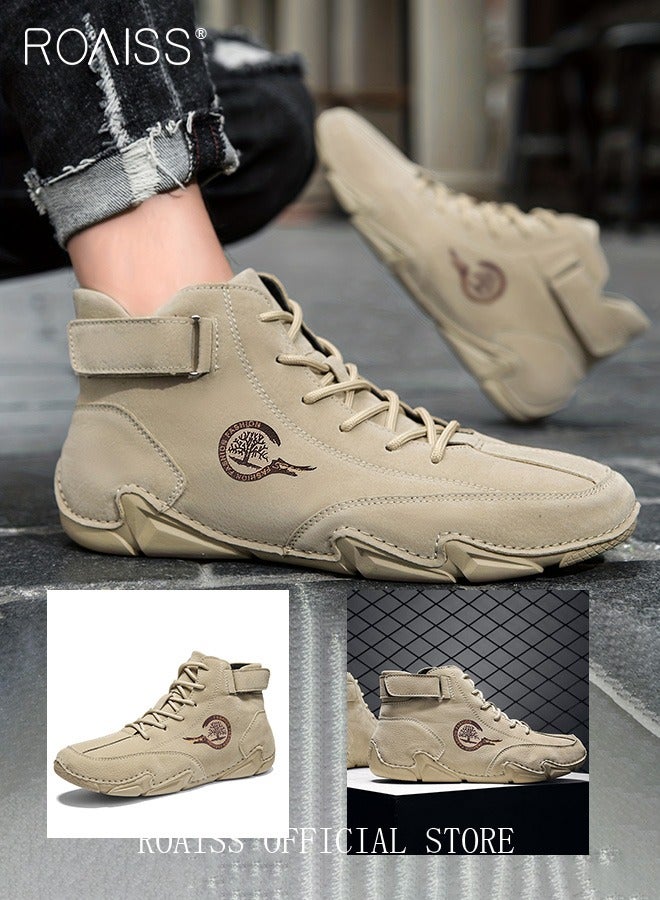 رويس حذاء رجالي كاجوال للكاحل، مقاوم للانزلاق، مقاوم للعرق، حذاء مارتن، ذو مقدمة مستديرة، نعل مسطح، رباط مع إغلاق فيلكرو، حذاء رياضي بني فاتح ناعم ومريح - Image 3