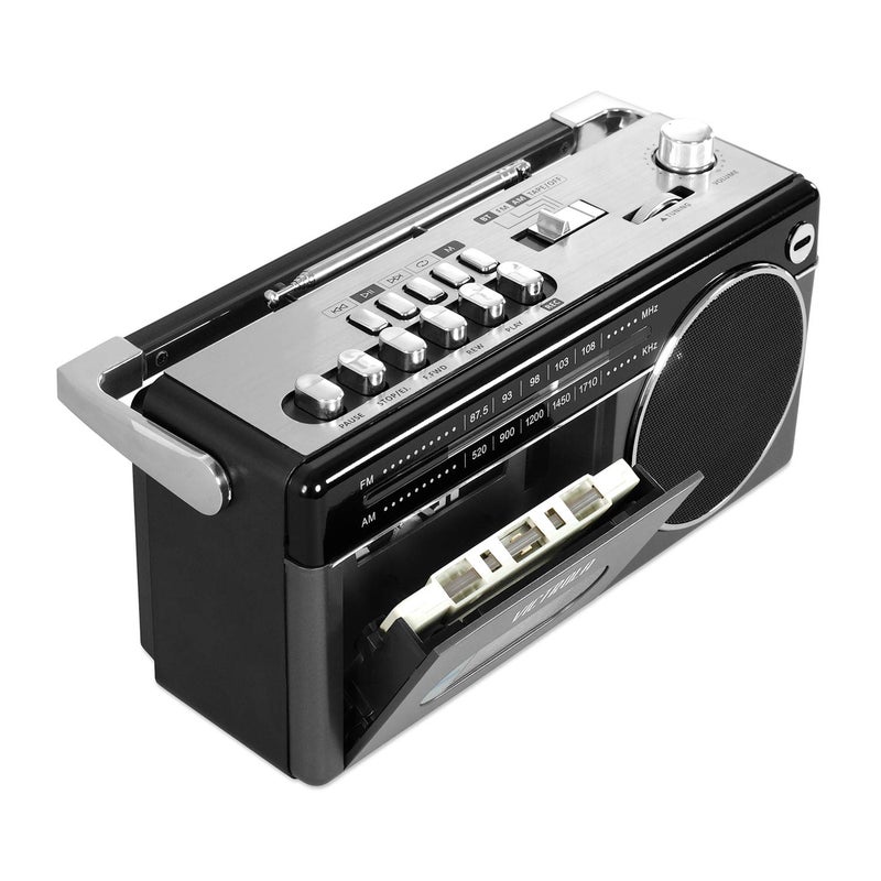 Victrola Mini Bluetooth Boombox with Cassette Player, Recorder and Am/FM Radio, Grey - Image 3