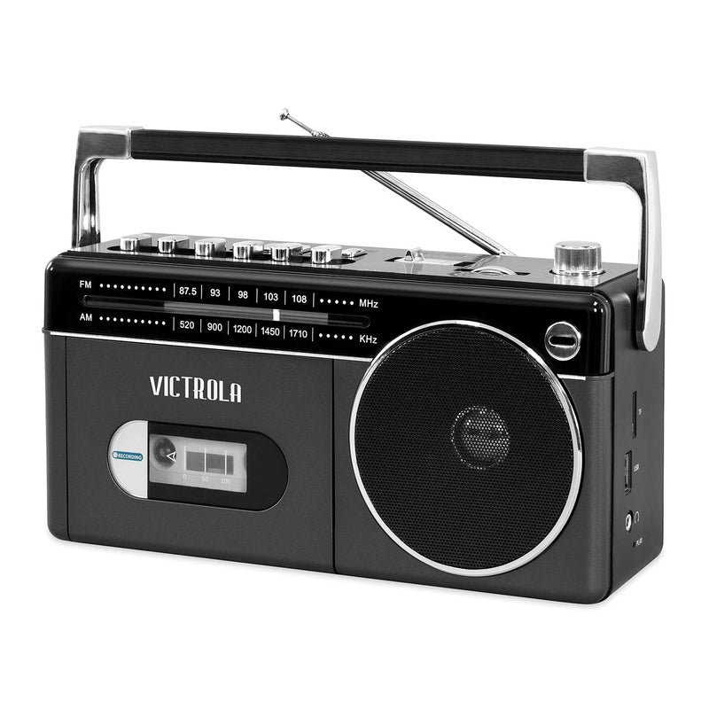 Victrola Mini Bluetooth Boombox with Cassette Player, Recorder and Am/FM Radio, Grey - Image 1