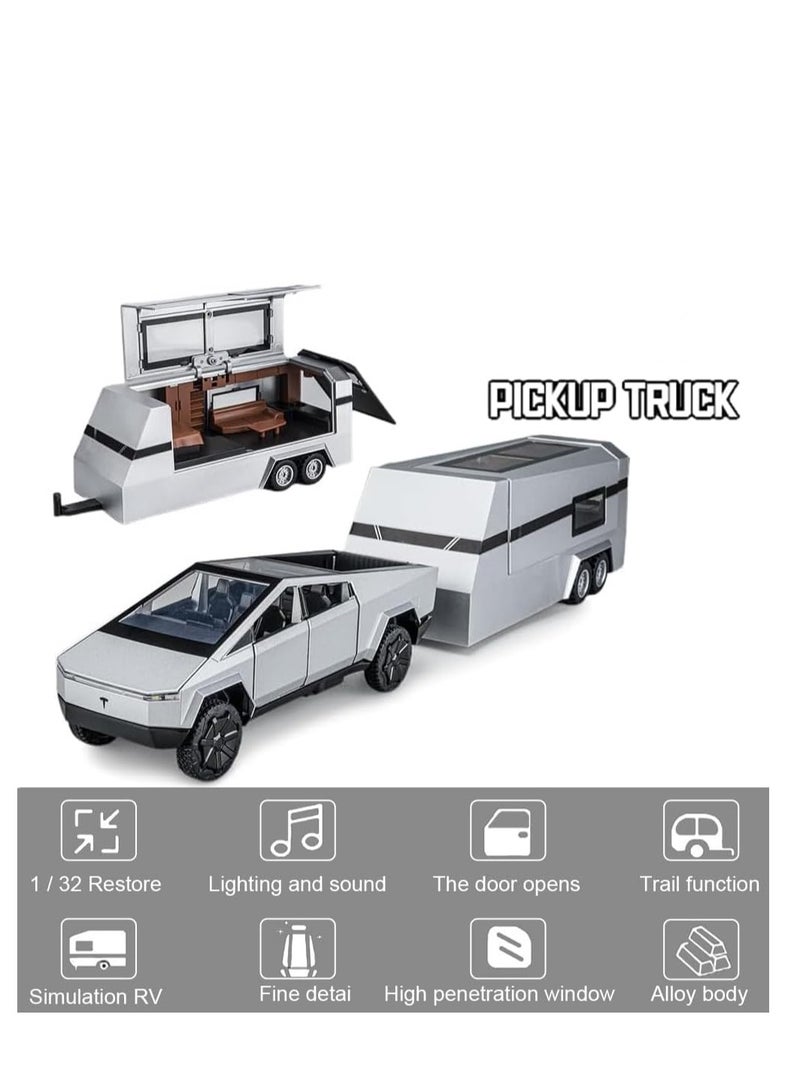 1/32 Scale Off-Road Pickup Trailer RV Model Kit, Diecast Metal Toy with Simulation Sound and Light, Perfect for Kids' Birthdays and Home Office Décor (Includes Silver RV). - Image 4