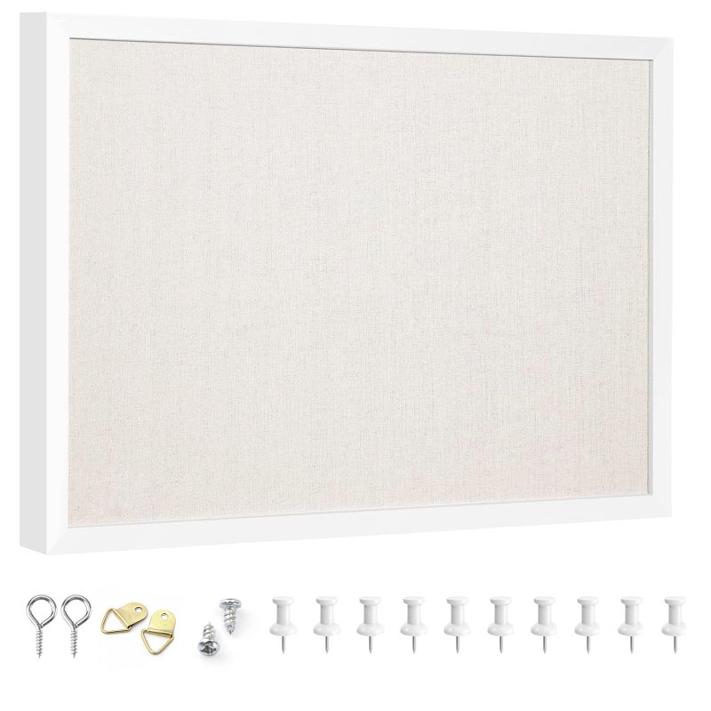 OWLKELA 13.3"x17.7" inch Bulletin Board with Linen, White Wood Style Frame, with 10 Pushpins, Linen Cork Board, Ideal for School, Home & Office - Image 1