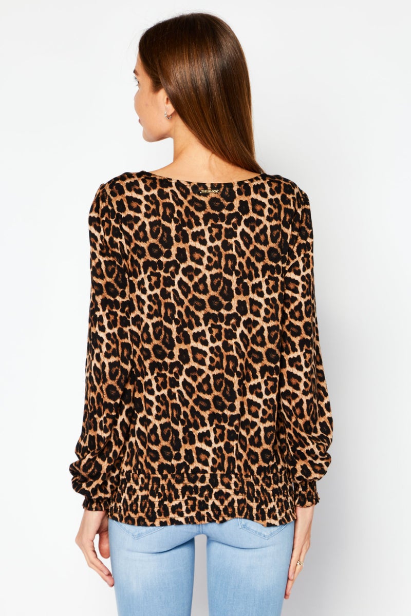 Michael Kors Women V-Neck Long Sleeves Animal Print Blouse, Brown  - Image 4