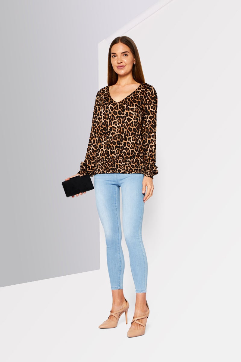 Michael Kors Women V-Neck Long Sleeves Animal Print Blouse, Brown  - Image 2