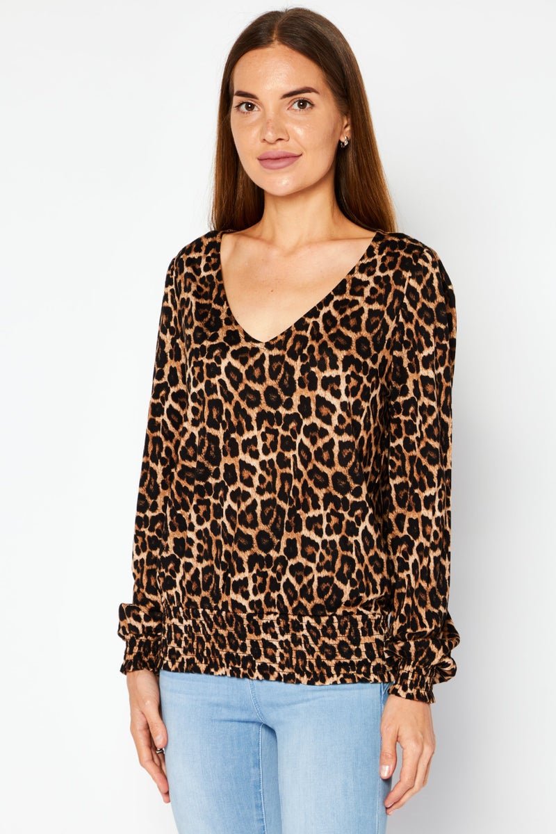 Michael Kors Women V-Neck Long Sleeves Animal Print Blouse, Brown  - Image 1