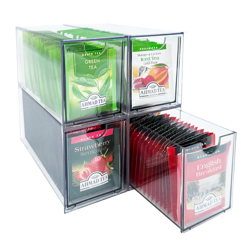 AZEZO 4-Pack Tea Bag Drawers Organizer - 4 Clear Plastic Drawer Tea Bag Holder; Stackable & Portable; Wider Size; Well-Organized Storage for Tea Bags & Kitchen Essentials - Image 1