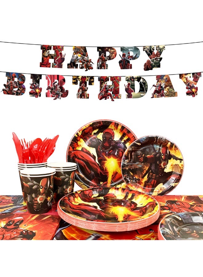 إيلوفهابرتي زينة حفلة عيد ميلاد ديدبول لـ 16 ضيفًا، 114 قطعة مجموعة أدوات مائدة حفلة ديدبول تشمل مفرش طاولة، لافتة، أطباق، مناديل، أكواب لحفلة مرتزقة مدعومة بالشيميشانغا مستلزمات الزينة - Image 1