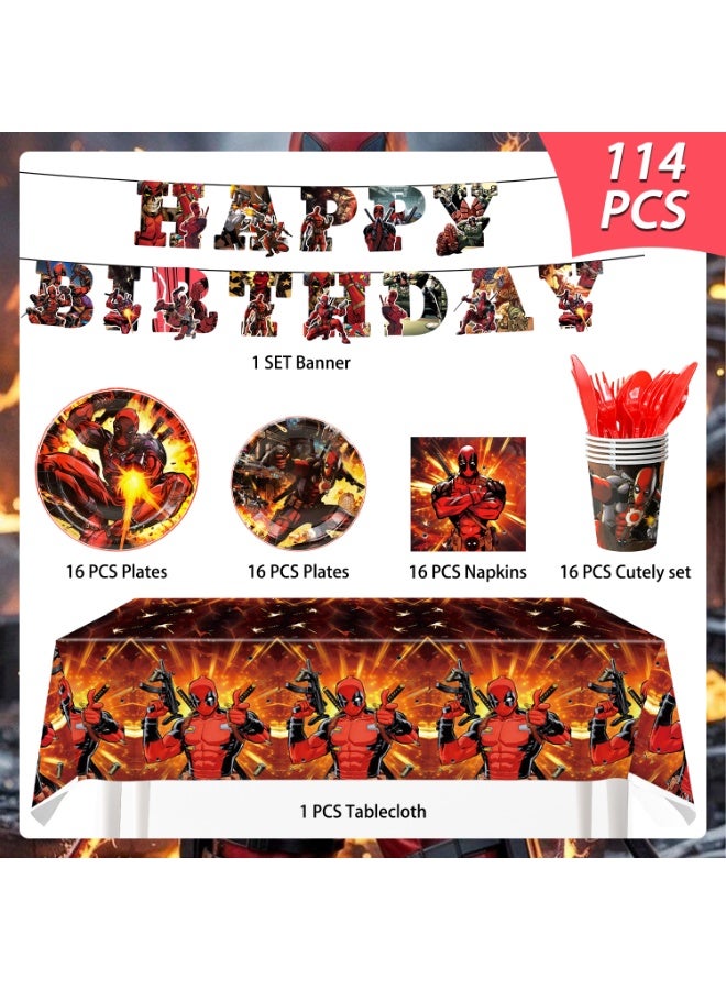 إيلوفهابرتي زينة حفلة عيد ميلاد ديدبول لـ 16 ضيفًا، 114 قطعة مجموعة أدوات مائدة حفلة ديدبول تشمل مفرش طاولة، لافتة، أطباق، مناديل، أكواب لحفلة مرتزقة مدعومة بالشيميشانغا مستلزمات الزينة - Image 2