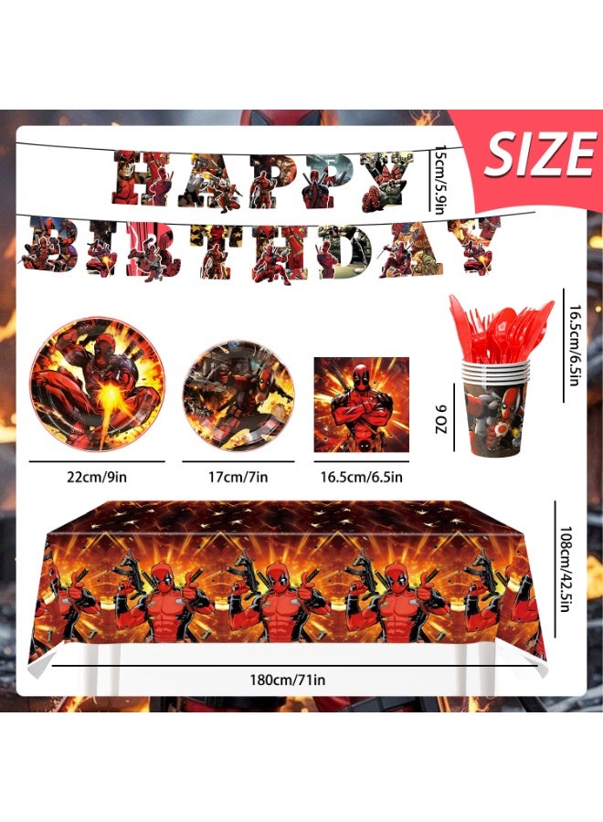 إيلوفهابرتي زينة حفلة عيد ميلاد ديدبول لـ 16 ضيفًا، 114 قطعة مجموعة أدوات مائدة حفلة ديدبول تشمل مفرش طاولة، لافتة، أطباق، مناديل، أكواب لحفلة مرتزقة مدعومة بالشيميشانغا مستلزمات الزينة - Image 3