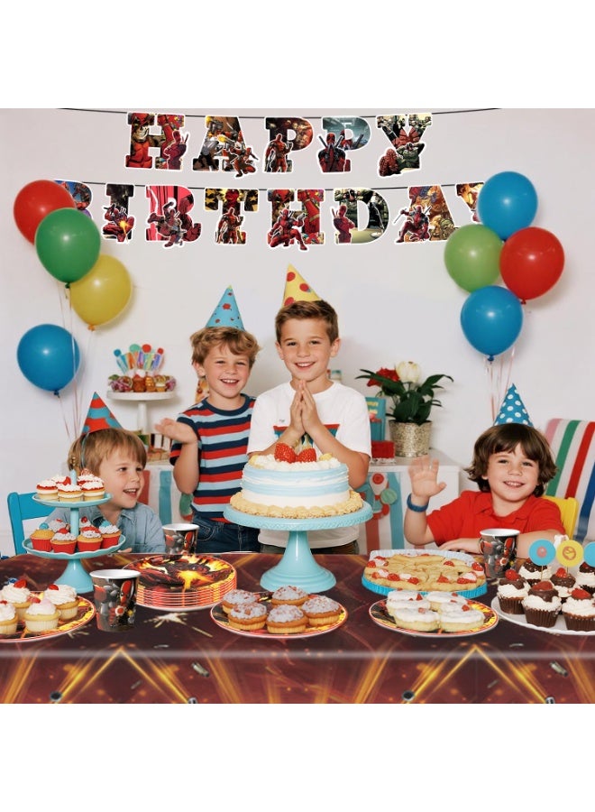 إيلوفهابرتي زينة حفلة عيد ميلاد ديدبول لـ 16 ضيفًا، 114 قطعة مجموعة أدوات مائدة حفلة ديدبول تشمل مفرش طاولة، لافتة، أطباق، مناديل، أكواب لحفلة مرتزقة مدعومة بالشيميشانغا مستلزمات الزينة - Image 4