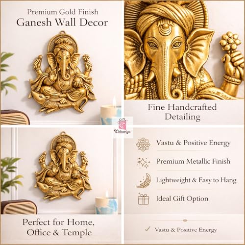 CHHARIYA CRAFTS Wall Hanging Lord Ganesh Idol Statue for Home Decor Decorative Showpiece - 26 cm (Metal, Gold) - Image 2
