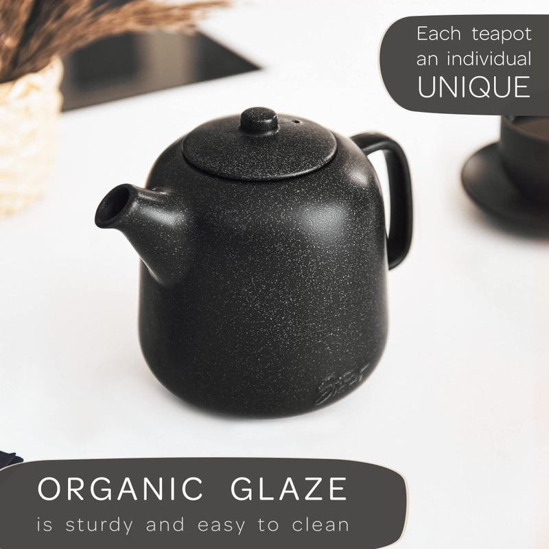 Steinzeit Design Tea Pot (44 oz) - Premium Ceramic Teapot with Infuser for Loose Tea - Black Teapot Ceramic with Removable Strainer - Image 4