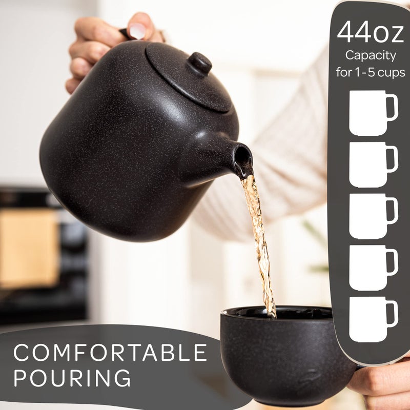 Steinzeit Design Tea Pot (44 oz) - Premium Ceramic Teapot with Infuser for Loose Tea - Black Teapot Ceramic with Removable Strainer - Image 3