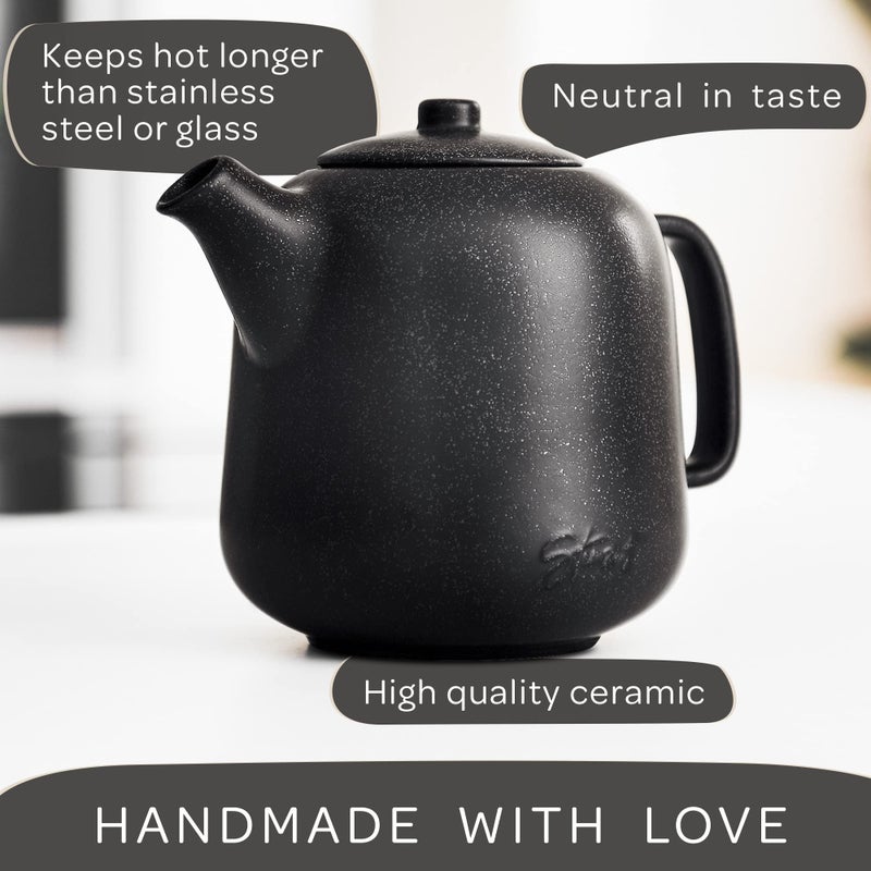 Steinzeit Design Tea Pot (44 oz) - Premium Ceramic Teapot with Infuser for Loose Tea - Black Teapot Ceramic with Removable Strainer - Image 2