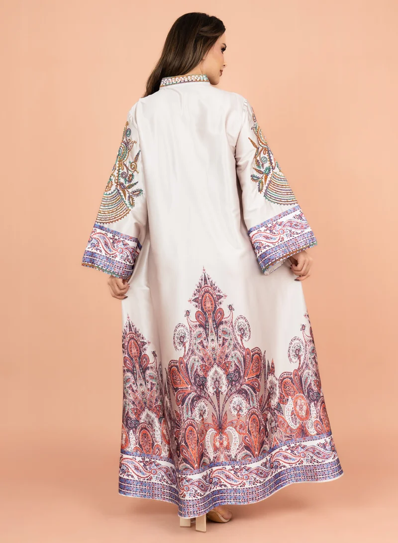 IKKXA Gleaming Crystal and Print Jalabiya IK1016 Beige