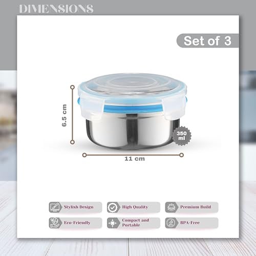 Trueware Clip N Close Smart Lock Stainless Steel Lunch Box | Durable, Airtight, BPA Free, 100% Food Grade | Versatile | for Office, for Men and Wowmn | 350 ml Each | Set of 3 - Image 3