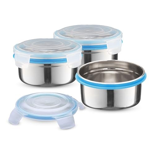 Trueware Clip N Close Smart Lock Stainless Steel Lunch Box | Durable, Airtight, BPA Free, 100% Food Grade | Versatile | for Office, for Men and Wowmn | 350 ml Each | Set of 3 - Image 1