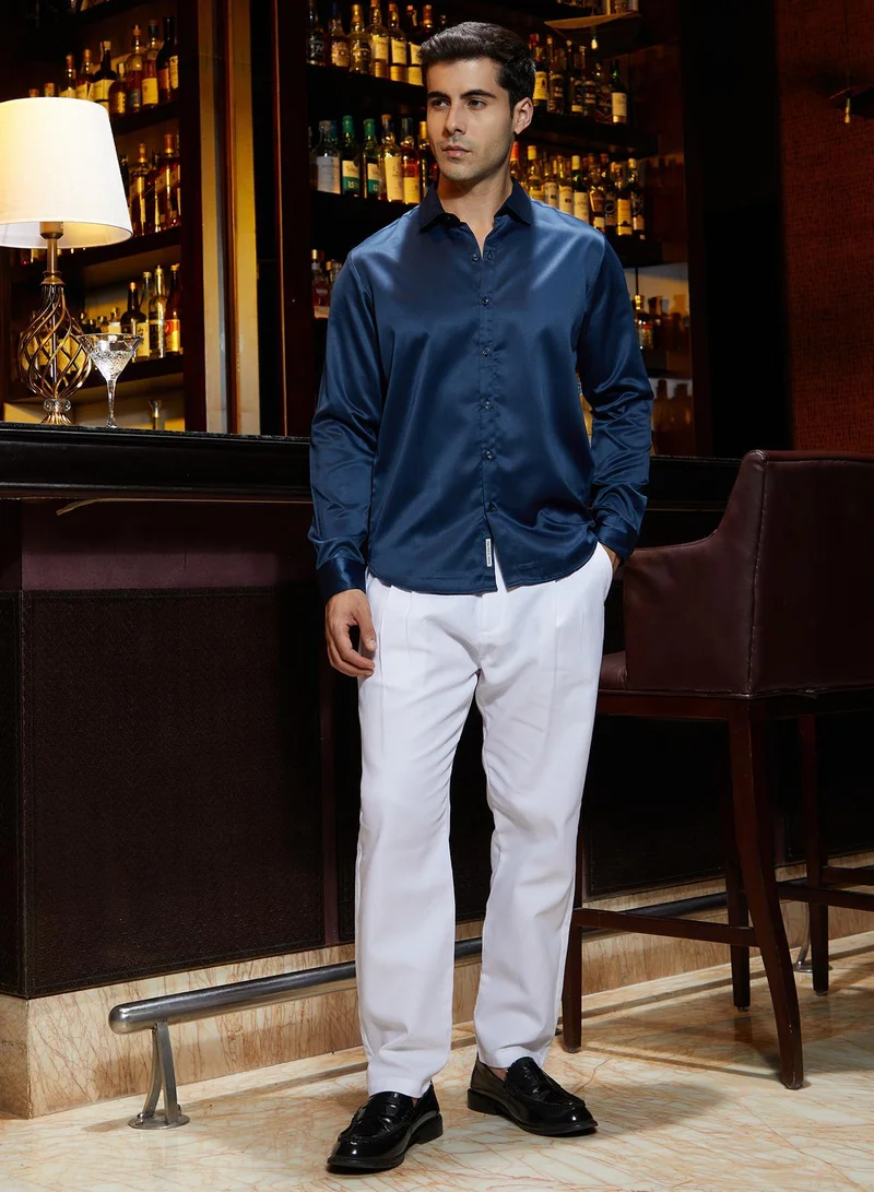 CAHOOT  Men's Navy Blue Satin Solid Shirt for Men | Best Price UAE