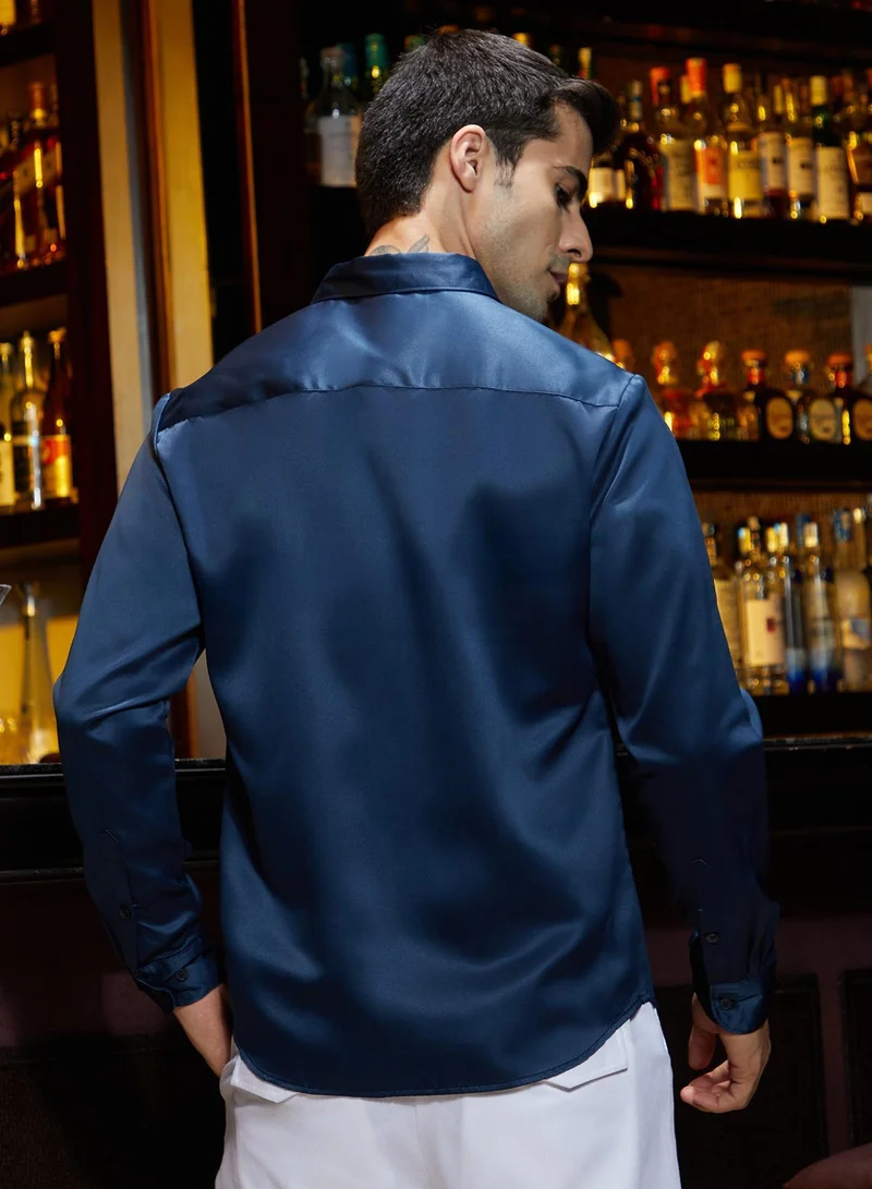 CAHOOT  Men's Navy Blue Satin Solid Shirt for Men | Best Price UAE