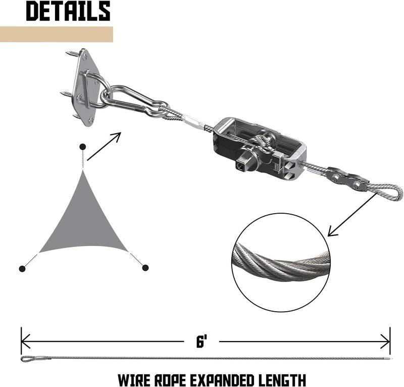 Tang Sun Shade Sail Hardware Kit with 18' (6'x3) Cable Wire Rope, Triangle Shade Sail Installation Kit for Deck Patio Yard Garden - Image 4