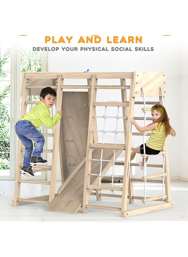 Climbing Toys Indoor Jungle Gym Indoor Playground Climbing Toys For Kids 3+ Climber Playset with Slide Climbing Rock/Net Monkey Bars Drawing Board And Swing