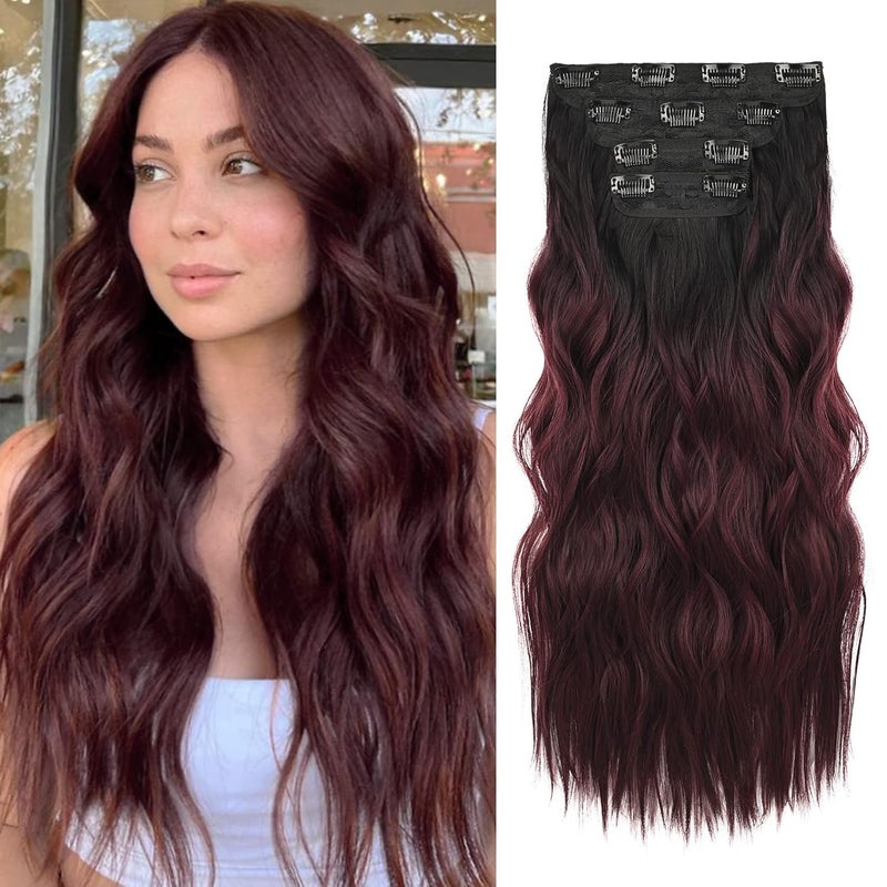 REECHO Hair Extensions 4PCS Clip in Hair Extensions HE001 Natural Soft Synthetic Hairpieces for Women Black to Burgundy Ombre