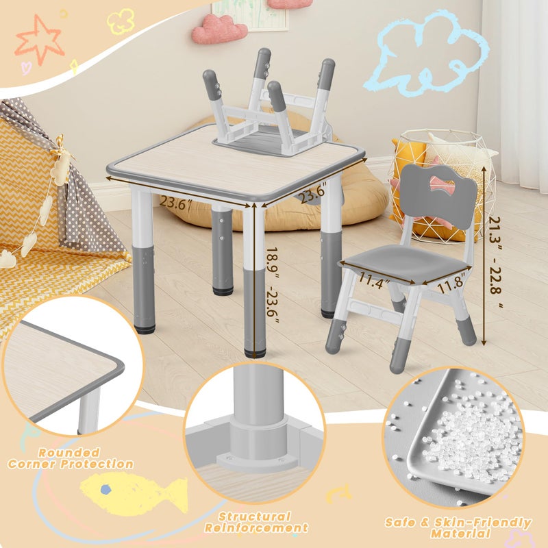Pterying Kids Table and Chairs Set - 23.6" L x 23.6" W Height Adjustable Toddler Desk, Non-Slip Kids Table with Graffiti Desktop for Ages 2-8, for Home Preschool Classroom Daycare, Grey - Image 2