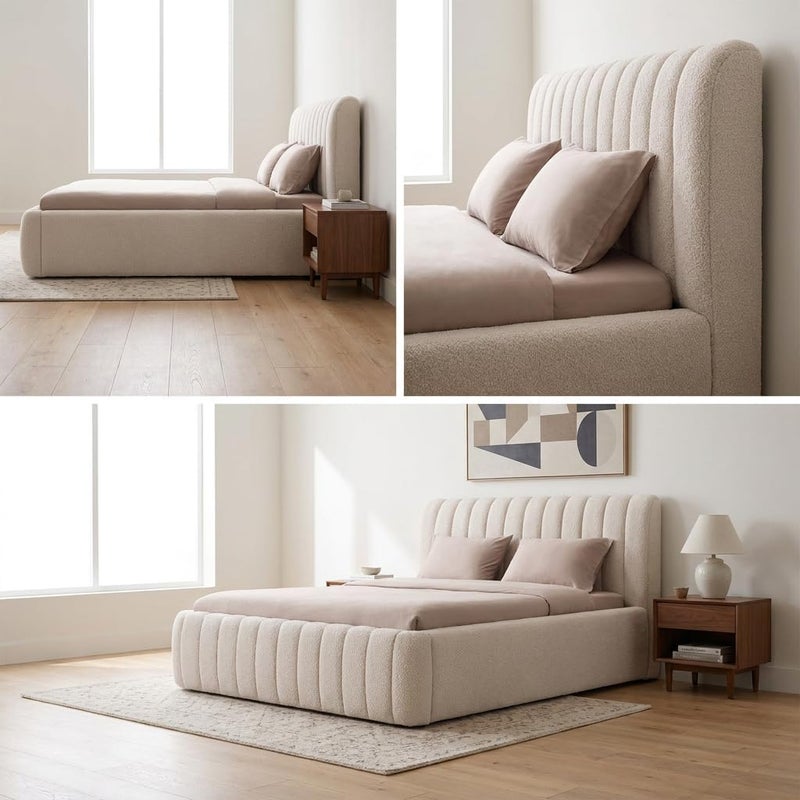 Luxury Modern Fabric Platform Bed Frame with Vertical Channel Panel Headboard - Grey, King Size (180x200cm with Spring Pillow Top Mattress) - Image 5