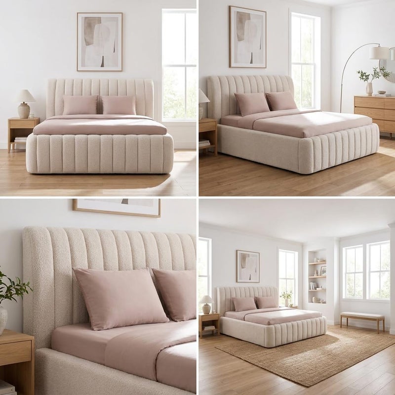 Luxury Modern Fabric Platform Bed Frame with Vertical Channel Panel Headboard - Grey, King Size (180x200cm with Spring Pillow Top Mattress) - Image 4