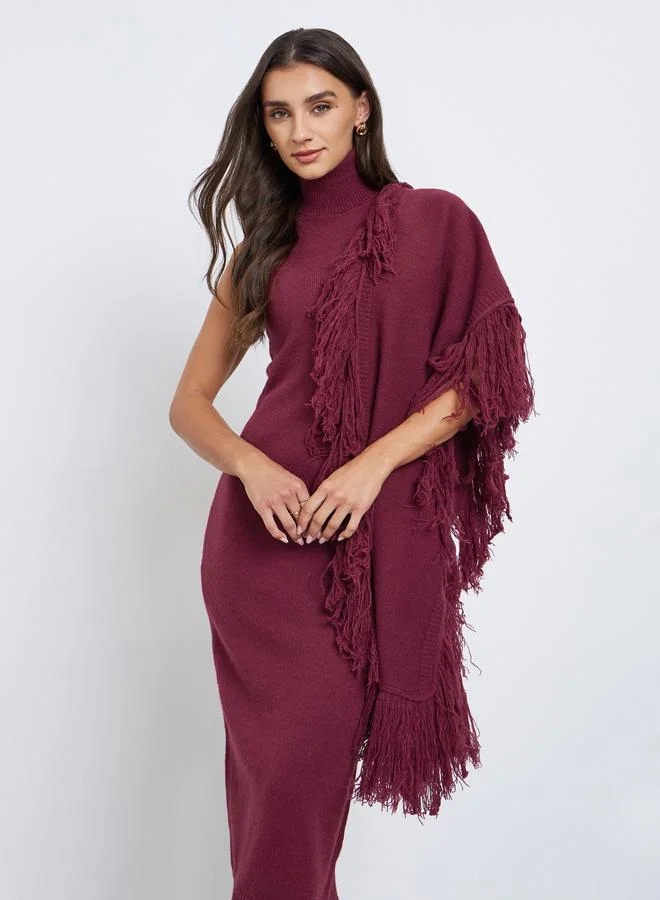 Styli Burgundy Sleeveless Midi Sweater Dress with Fringed Cape