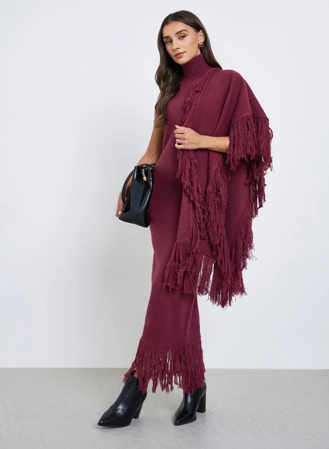 Burgundy Sleeveless Midi Sweater Dress with Fringed Cape