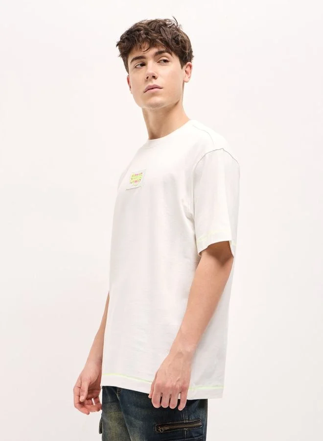 THE BEAR HOUSE Men's White Oversize patch applique design Crew Neck T-shirt Perfect For Casual Wear, Gym, Travel, Or Layering Stylish And Versatile Essential For Every Wardrobe