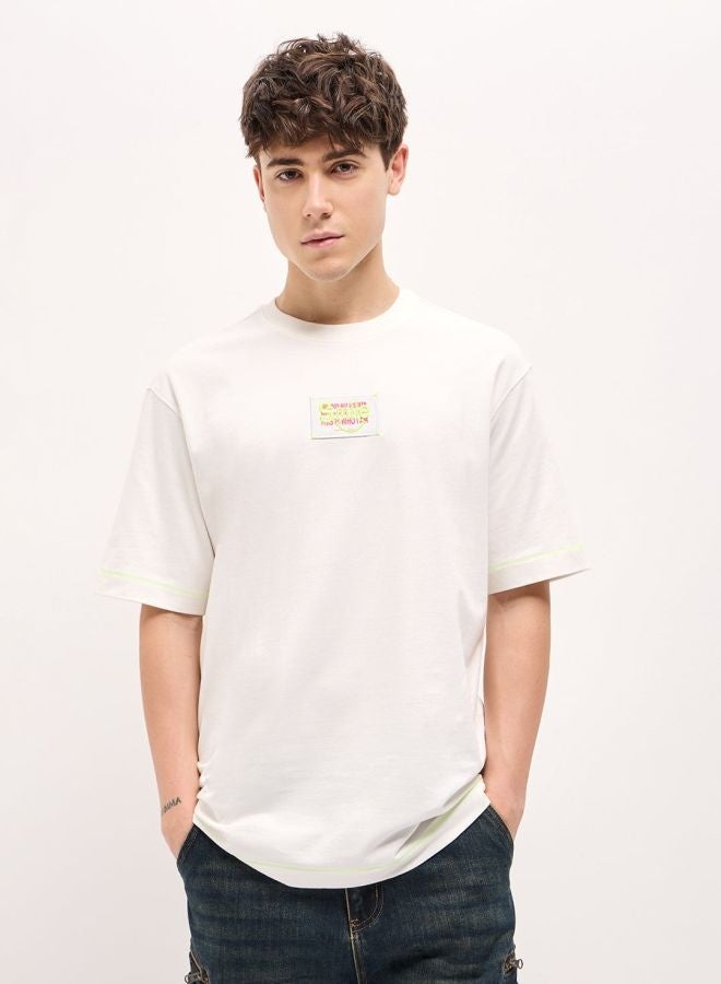 THE BEAR HOUSE Men's White Oversize patch applique design Crew Neck T-shirt Perfect For Casual Wear, Gym, Travel, Or Layering Stylish And Versatile Essential For Every Wardrobe - Image 2