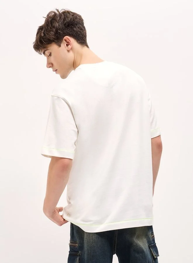 THE BEAR HOUSE Men's White Oversize patch applique design Crew Neck T-shirt Perfect For Casual Wear, Gym, Travel, Or Layering Stylish And Versatile Essential For Every Wardrobe