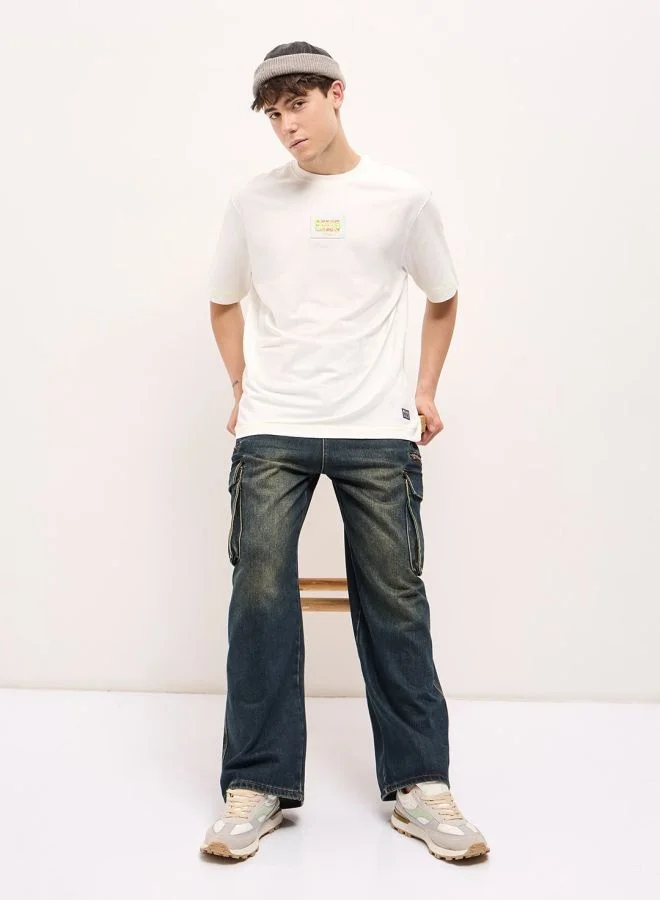 THE BEAR HOUSE Men's White Oversize patch applique design Crew Neck T-shirt Perfect For Casual Wear, Gym, Travel, Or Layering Stylish And Versatile Essential For Every Wardrobe