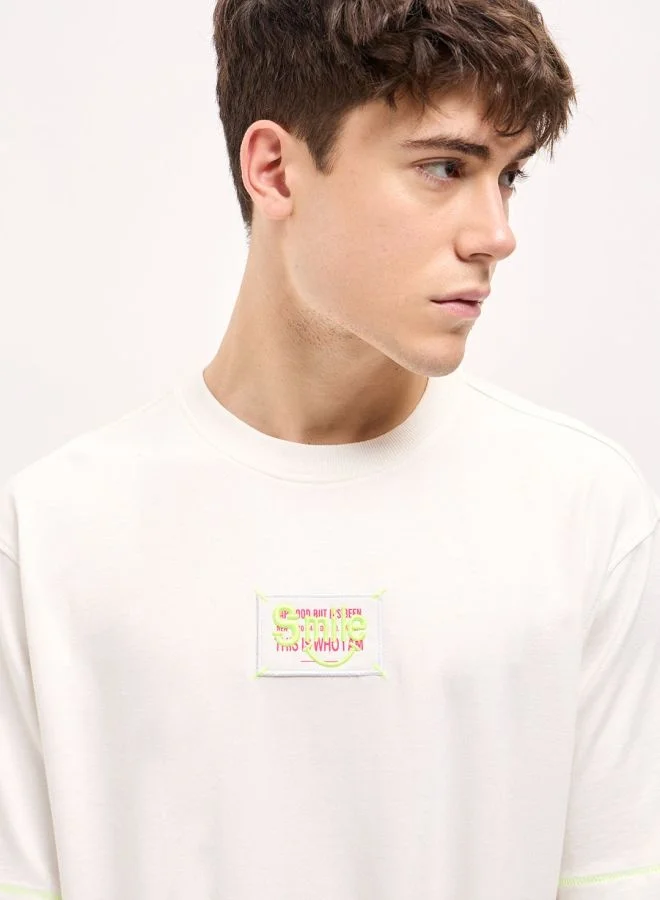THE BEAR HOUSE Men's White Oversize patch applique design Crew Neck T-shirt Perfect For Casual Wear, Gym, Travel, Or Layering Stylish And Versatile Essential For Every Wardrobe