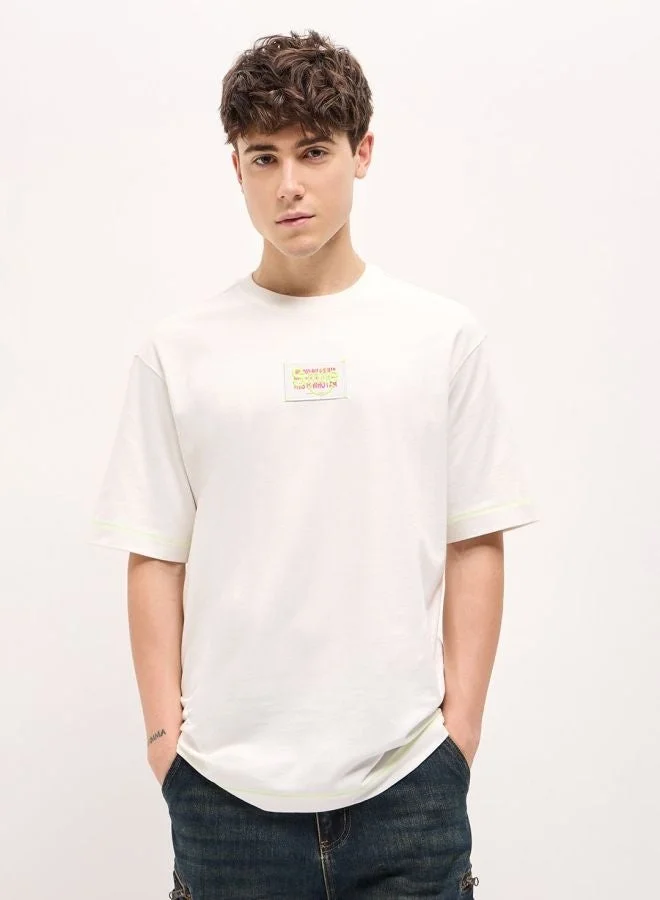 THE BEAR HOUSE Men's White Oversize patch applique design Crew Neck T-shirt Perfect For Casual Wear, Gym, Travel, Or Layering Stylish And Versatile Essential For Every Wardrobe