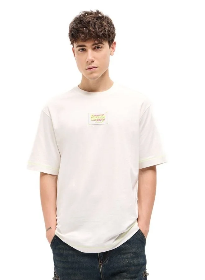 THE BEAR HOUSE Men's White Oversize patch applique design Crew Neck T-shirt Perfect For Casual Wear, Gym, Travel, Or Layering Stylish And Versatile Essential For Every Wardrobe