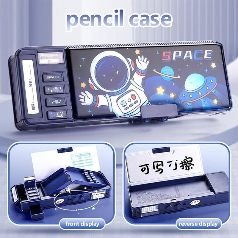 Royals hub Plastic Multifunctional Space Password Lock Double Sided Compass Box For Kids, Pencil Box For Boy & Girl, Aesthetic, Space Astronaut Theme Pencil Case Return Gifts For Kids, Blue - Image 2