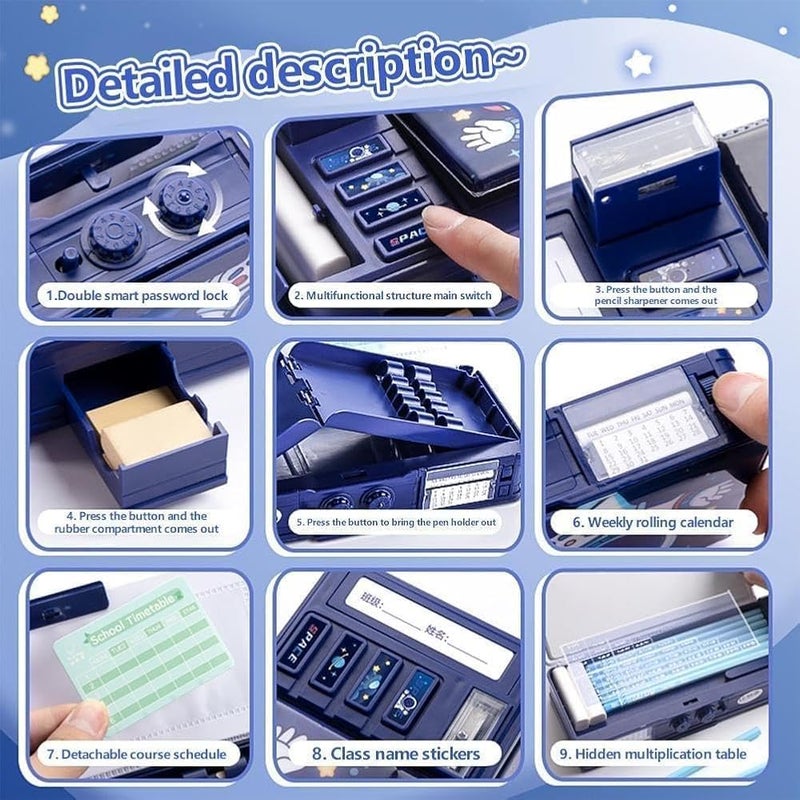 Royals hub Plastic Multifunctional Space Password Lock Double Sided Compass Box For Kids, Pencil Box For Boy & Girl, Aesthetic, Space Astronaut Theme Pencil Case Return Gifts For Kids, Blue - Image 4