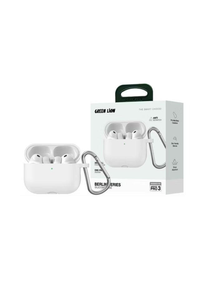 جرين ليون جراب سيليكون من سلسلة برلين لسماعات AirPods Pro 3 مع حلقة معدنية محمولة، حماية كاملة 360 درجة، ملاءمة سلسة، لمسة لطيفة على البشرة، تصميم من قطعة واحدة، مضاد للخدش والصدمات - أبيض - Image 2